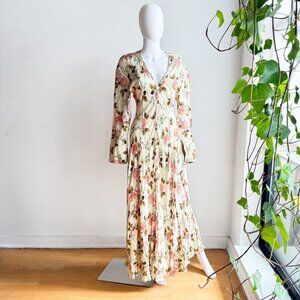 Zara Pastel Green Pink Floral Bias Cut Long Sleeve Maxi Dress XS